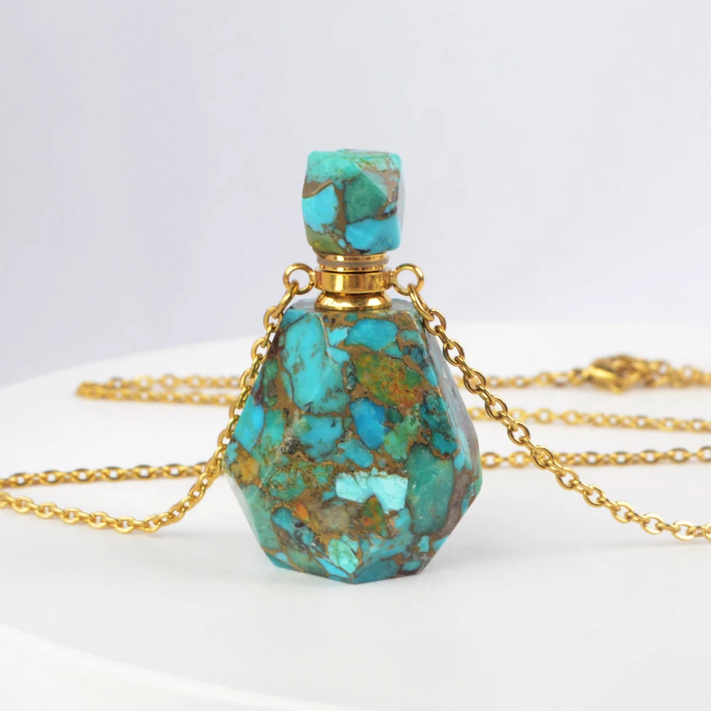

G2012 Natural turquoise Labradorite Gemstone Perfume Bottle Necklace Essential oil Vial Women Healing Crystal Necklace