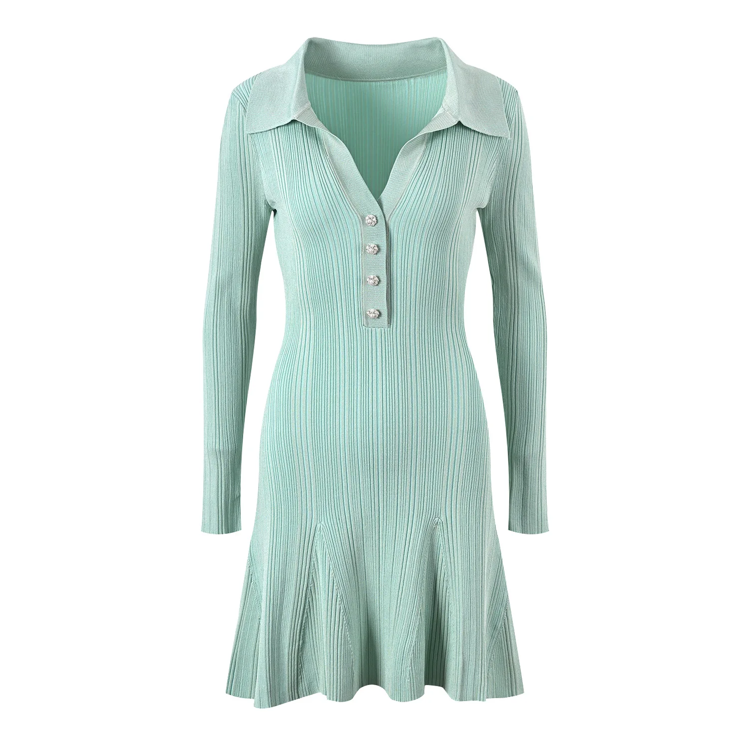2026 Spring Lady Solid Wear Polo Collar V-neckline Long Sleeve Women Knit A-line Slim Fitted Short Dress