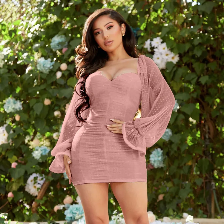 

V-neck Zipper Mesh Pleated Backless Ruched Polka Dot Bodycon Mini Dress Long Sleeve Dress Female Dresses Summer