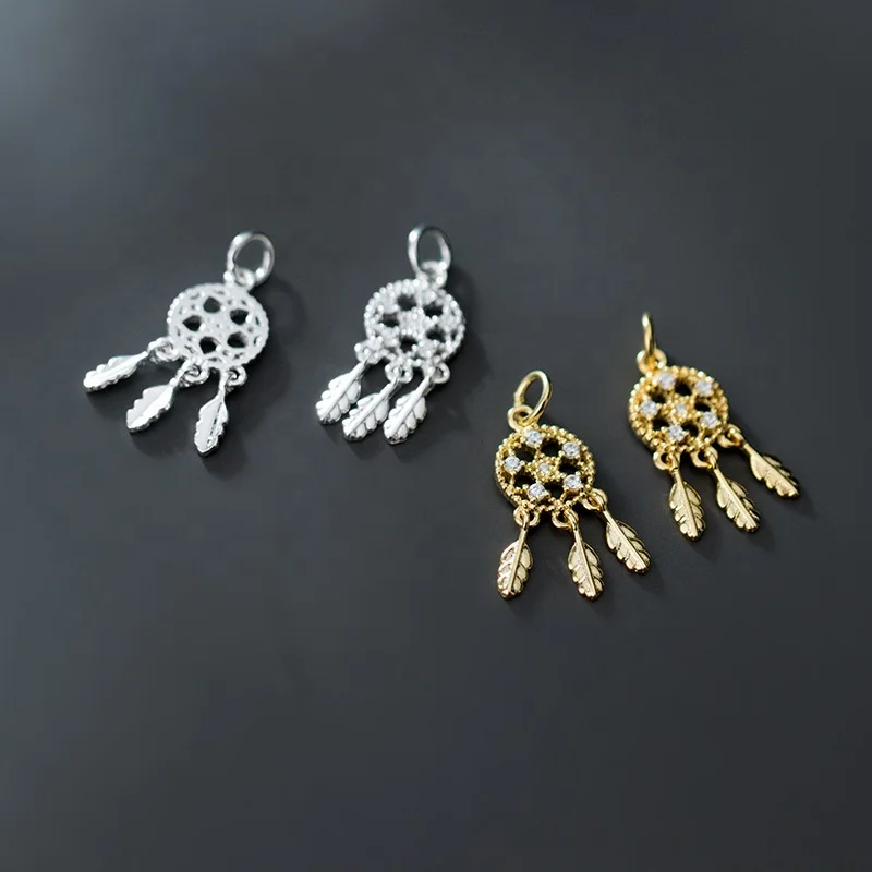 New Fashion Jewelry 925 Sterling Silver Gold Plated Dream Catcher Feather Zircon Pendant for Jewelry Making Charms