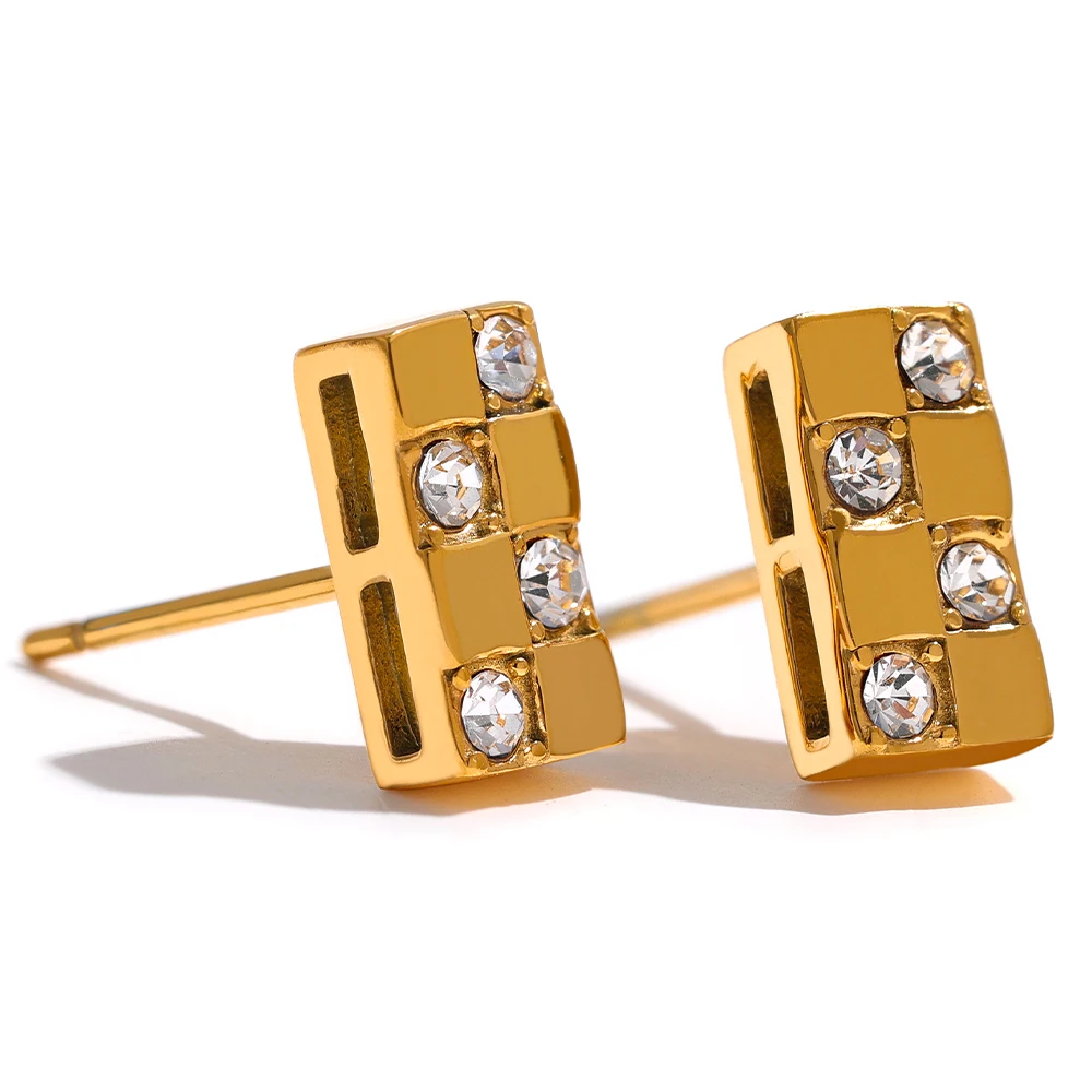 JINYOU 859 Trendy Shiny Cubic Zirconia Stainless Steel Metal Square Small Stud Earrings 18K PVD Gold Plated Fashion Jewelry