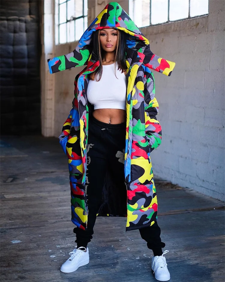 

2021 New Casual Long Camouflage Jacket Zipper Windbreaker Hoodie Jacket Coat cardigan duck down down women's puffer coats