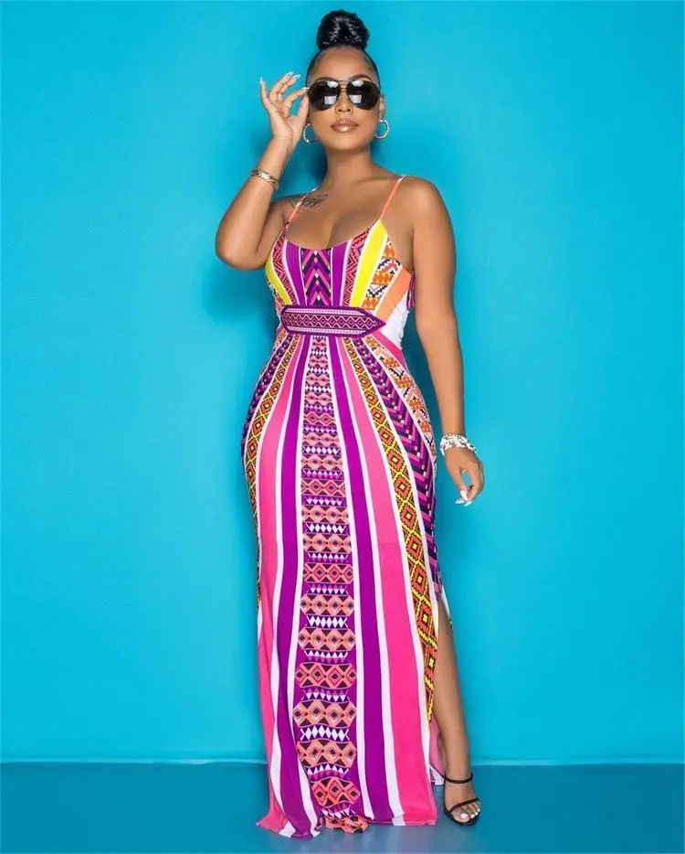 

Women Clothes 2021 Summer African Printed Suspender Dress Side Slit High Waist Women Casual Maxi Dress