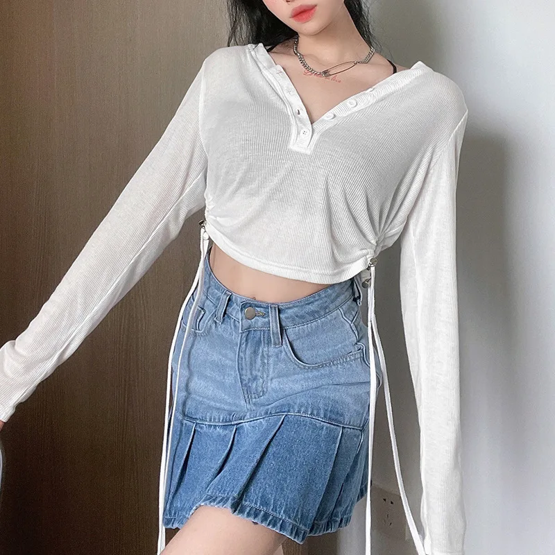 

ZC00538 Women's Solid color slim fit long-sleeved off-shoulder short all-match Knitted Knitwear blouse white Sxey korean blouse