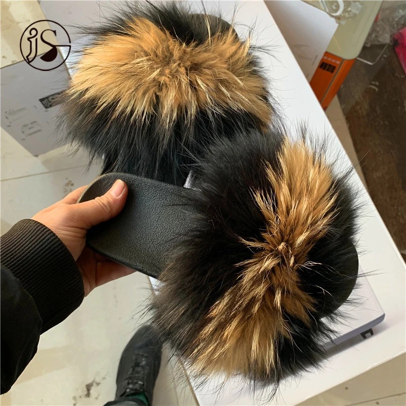 

EVA sole fluffy fancy colorful custom furry shoes outdoors women slippers 100% Real comfy Fox Fur slippers 2021, Picture