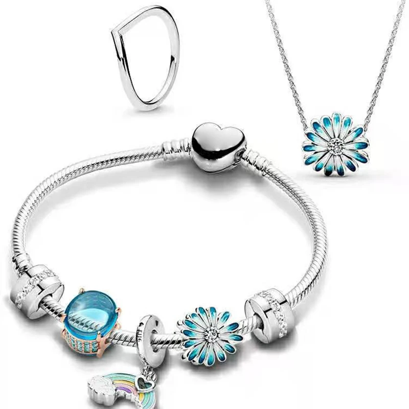 

925 Sterling Silver Bracelet Lucky Fashion Rainbow Charm For Pan dora Lucky Charm Bracelet Diy Couple Gift Lucky Bracelet, Blue