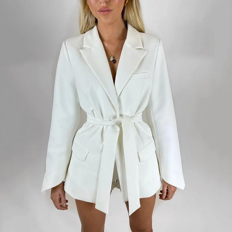 

2021 Summer New Women Hot Sale Ladies Blazer V-neck High Waitsuit Lapel Long with Belt Office Blazer Suit Woman Blazer Jacket