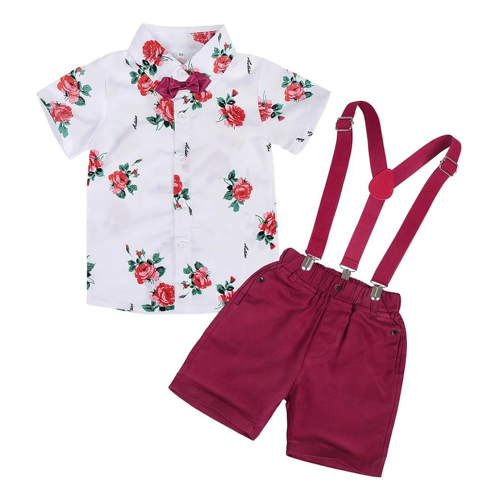 New Summer High Quality Little Boy Clothes Print Bow Tie Shirt + Denim