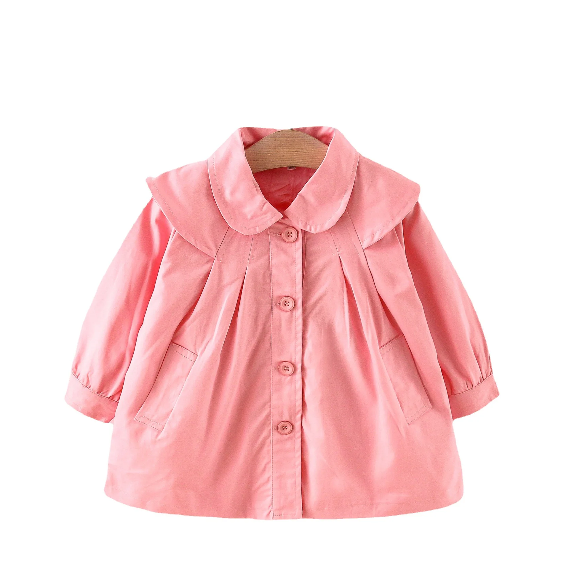 

2021 autumn girls jacket kids new style Korean single-breasted lapel solid color mid-length windbreaker, Picture shows