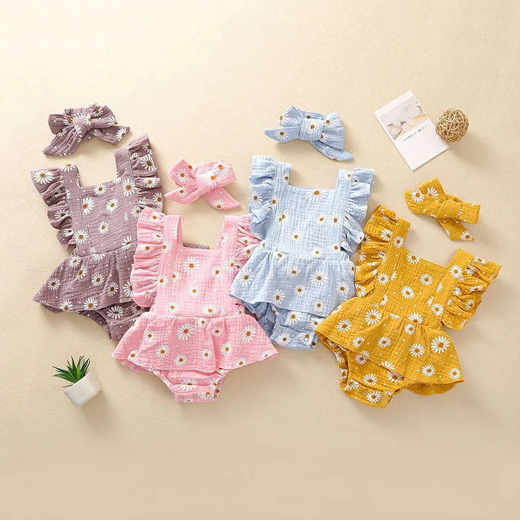 

Newborn Infant Toddler Girls Sunsuit Baby Clothing Ruffle Backcross Daisy Romper With Headband, Photo showed and customized color