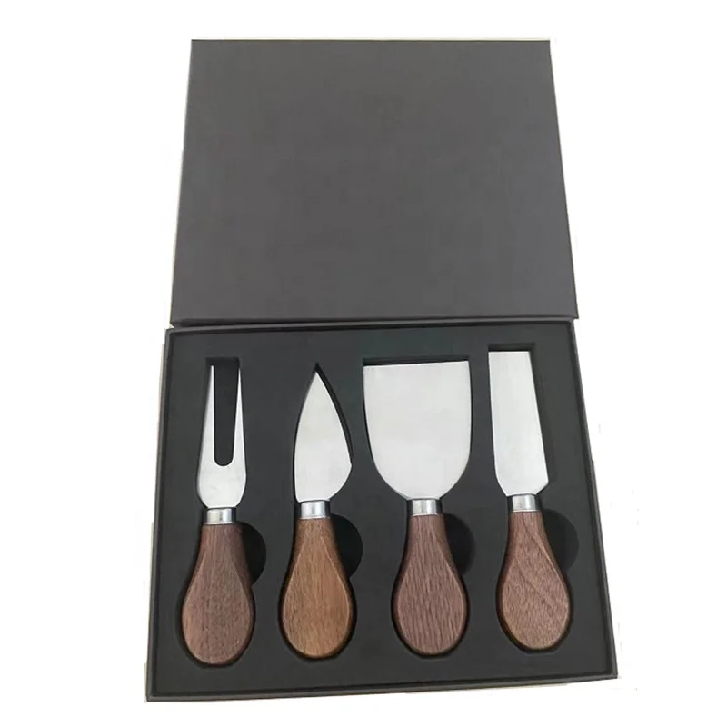 

In Stock Present Cheese Accessories Tools Knives 4 Pieces Walnut Wood Handle Stainless Steel Cheese Knife Set with Gift Box