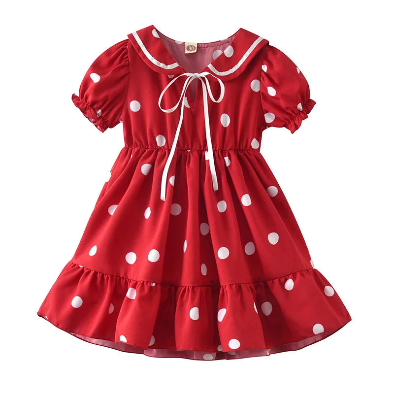 

Girls polka dot lapel dress children chiffon skirt