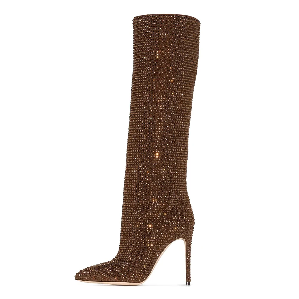 

2021 Pointed Toe Luxury High Heel Rhinestone Knee Boots for Women  Crystal Winter Shoes, Brown