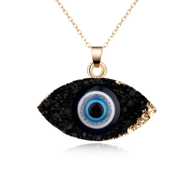 

Charm Boho Chic Druzy Resin Women Turkish Evil Blue Eye Pendant Short Necklace Jewelry, As shown