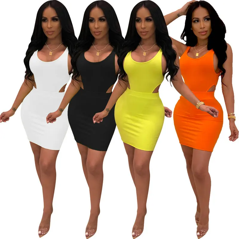 

QZ-LO001 Wholesale 2020 off shoulder Hollow Out Summer Clothes Women Sexy Bodycon Nightclub Dress, White, yellow,black,orange