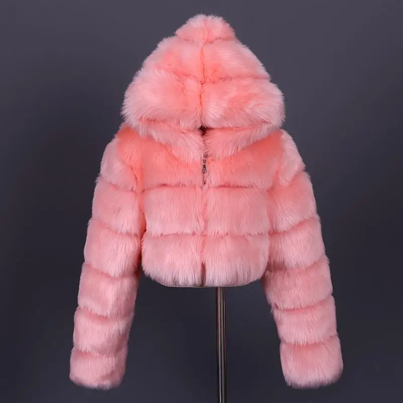 

S-8XL Plus Size Furry Cropped Faux Fur Coats and Jackets Women Fluffy Coat With Hooded Winter Warm Fur Jacket Coat, Blue, black, pink, red, white , etc