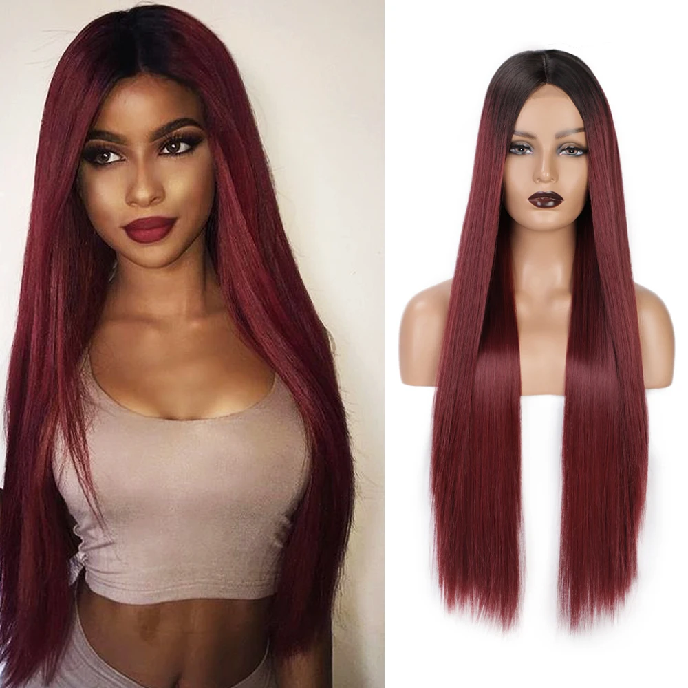 

Vigorous High Quality Lace Front Wigs Colorful Ombre Colored Frontal Red Bulk African China Hair Wig Women Synthetic, Ombre red