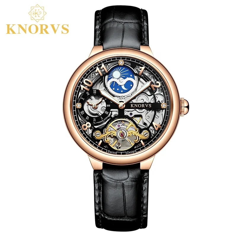 

KNORVS Switzerland brand stainless steel high quality alloy Italian Genuine Leather Tourbillon movement mechanical watches