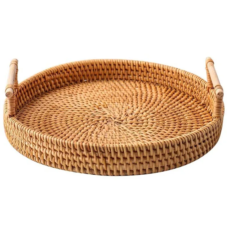 

China Style Supplier OEM Custom Eco-Friendly Outdoor Travel Picnic Rattan Handicrafts Food Serving Tray, Natural color