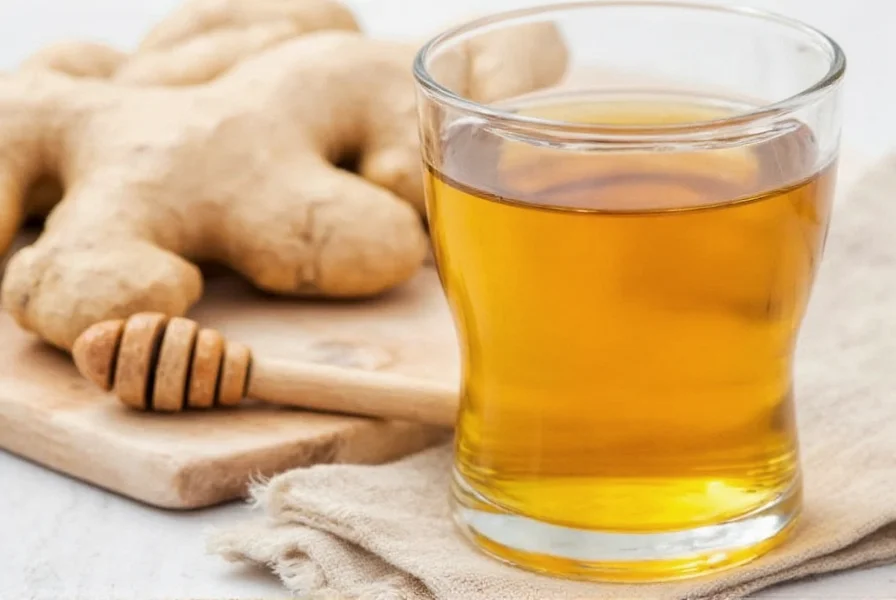 Close-up of golden ginger tea in ceramic mug with fresh ginger and honey beside it