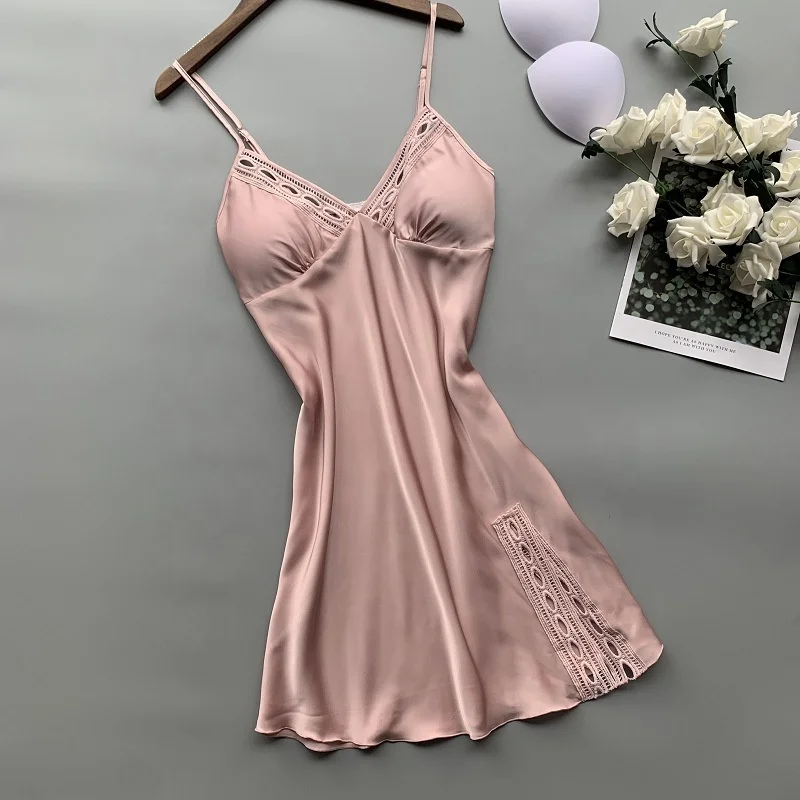 

Wholesale casual sling sleepwear silk satin nightgown with lace