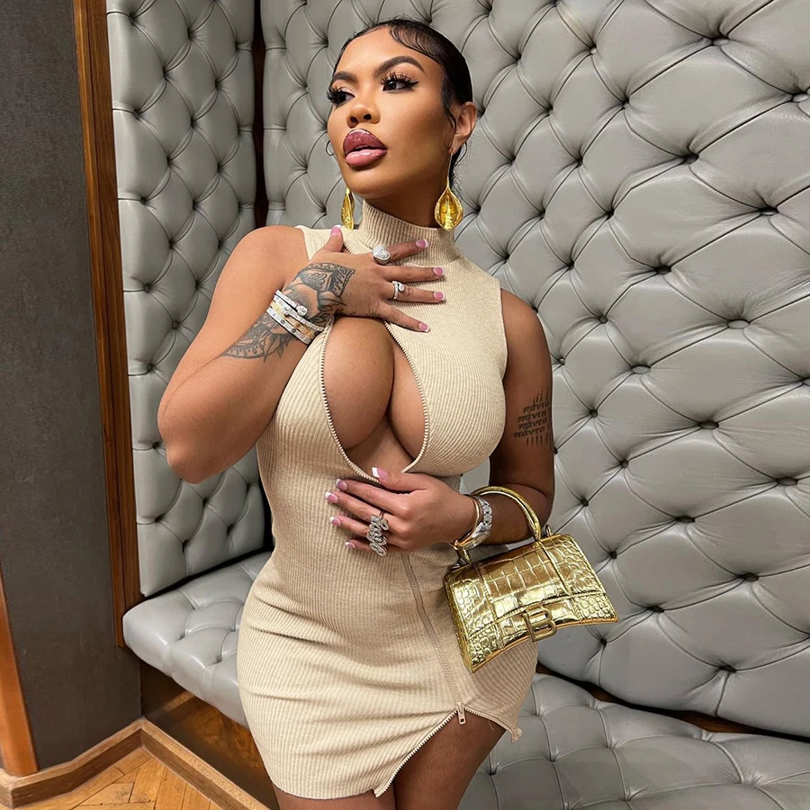 

K22D14068 Hollow Backless Sexy Stretchy Dress Sleeveless Irregular Zip Up Women Elegant Party Dress