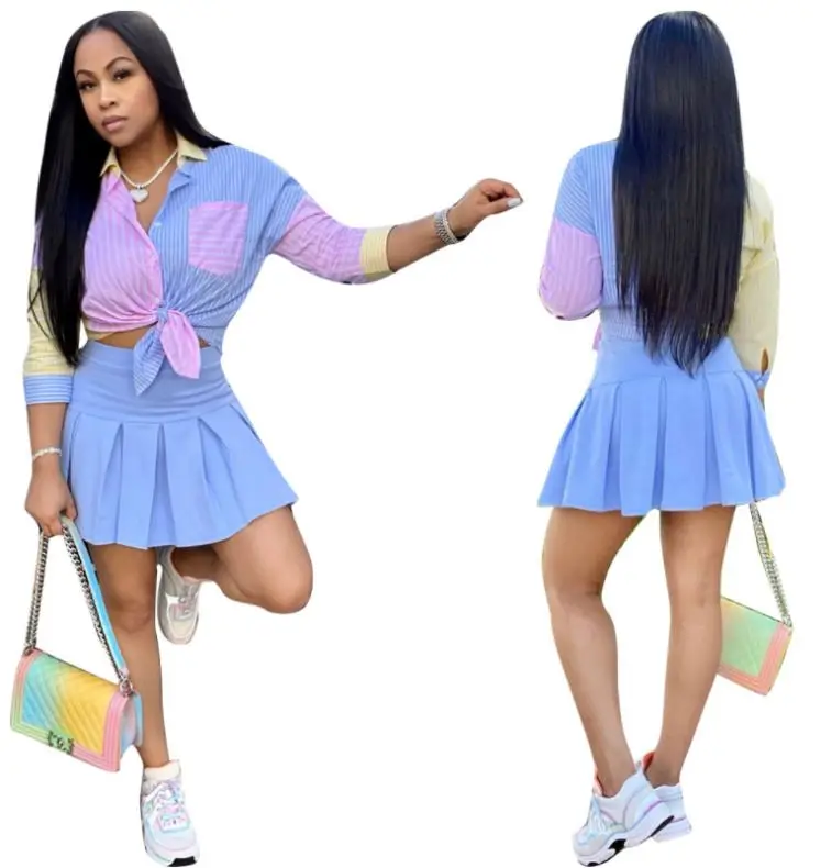 

2021 New Summer Women Patchwork Half Sleeve Shirt 2 Piece Skirt Set Ladies Stripe Pleated Mini Tennis
