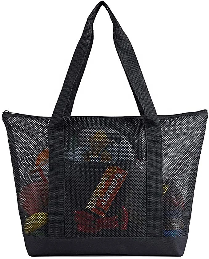 Black Mesh Beach Bags,Grocery Produce Tote Bag With Zipper & Pockets