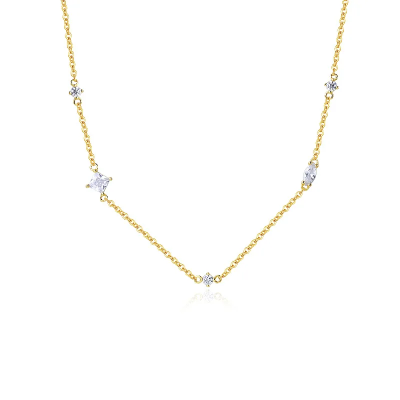 INS 925 Sterling Silver Necklace Geometric Shaped Multiple Zircon Gold Plated Chain Necklaces for Women