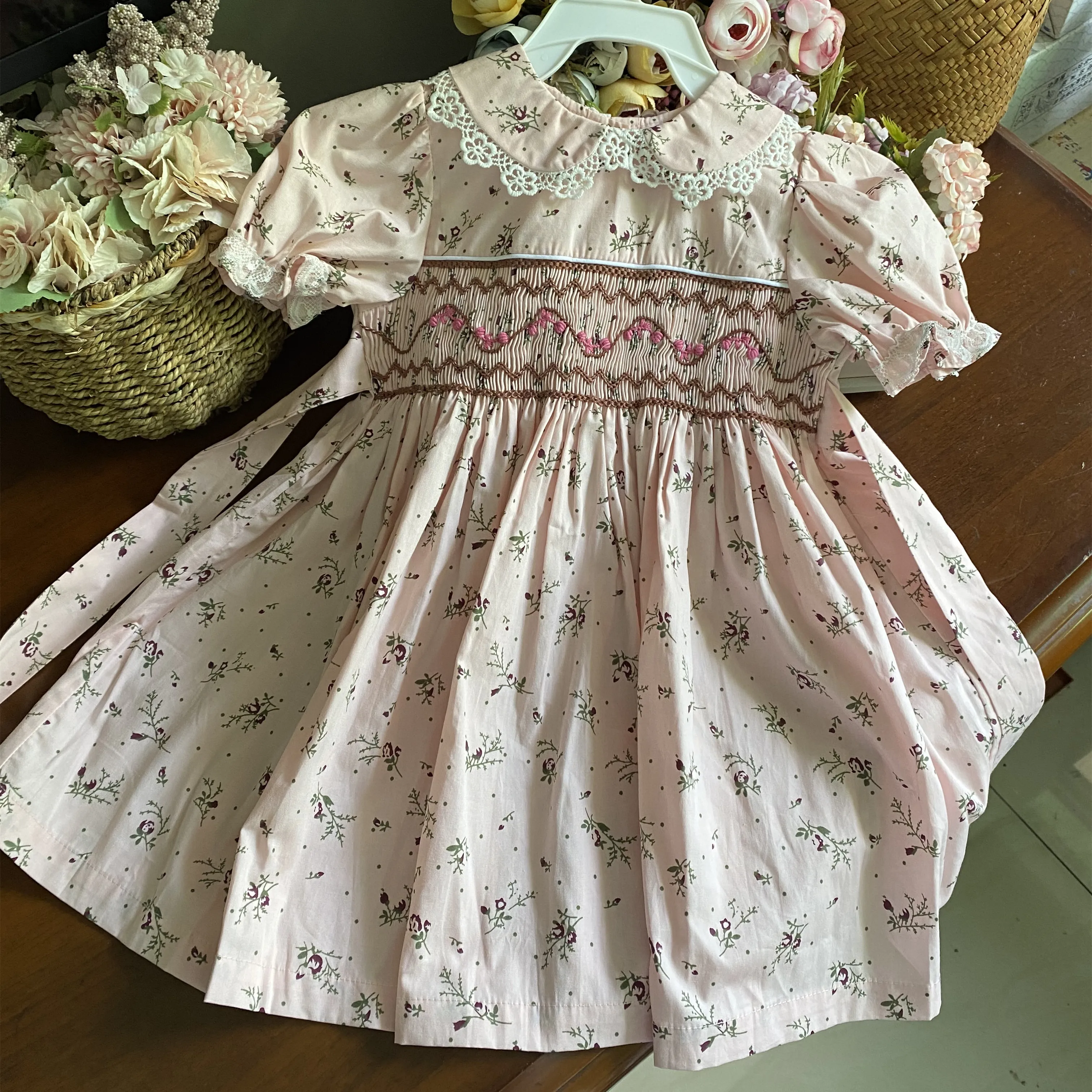 

C6765 summer flower floral kids smocked clothing hand made toddler baby girls dresses cotton children's clothes H032063