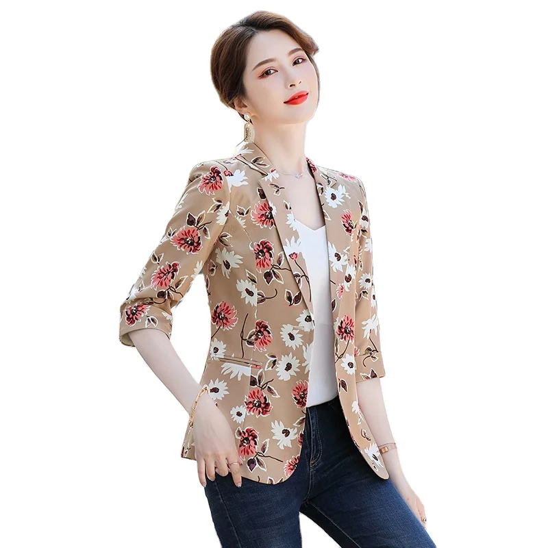 

Wholesaler Printed Jacket for Women Summer Wear Female Casual Style Fashion Coat Half Sleeve Blazer Tops Outwear, Blue plaid, coffee plaid