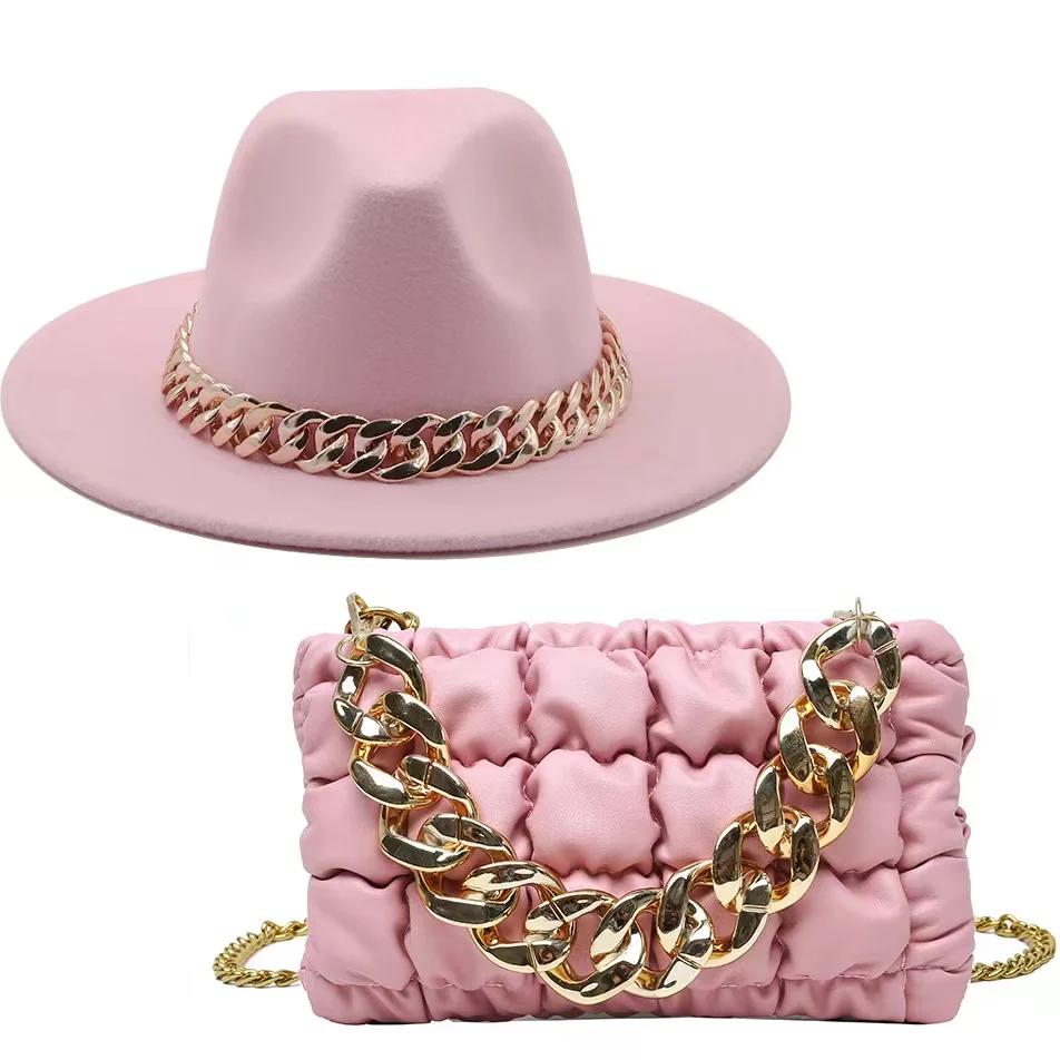 

2022 Braided Straps With Gold Chains Ladies hat and hand bags set Shoulder Pu Leather Handbags For Women