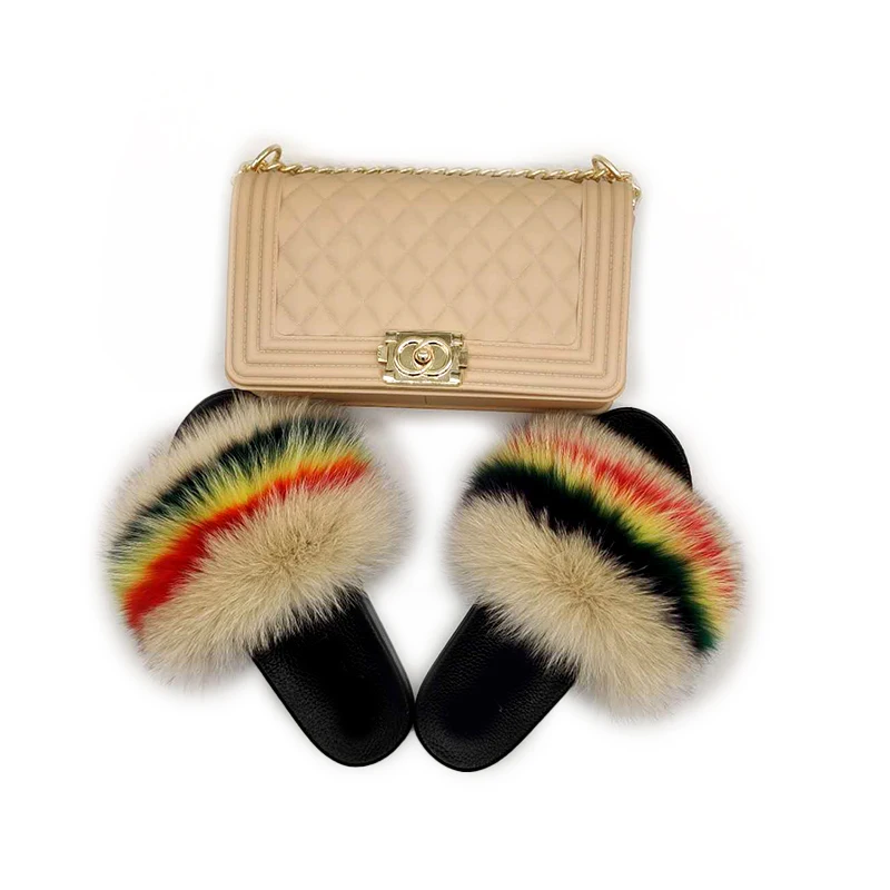 

Two pieces soft sole outdoor flops sexy eva black sole brown colorful fur women slippers sandals slides sets, Customized color