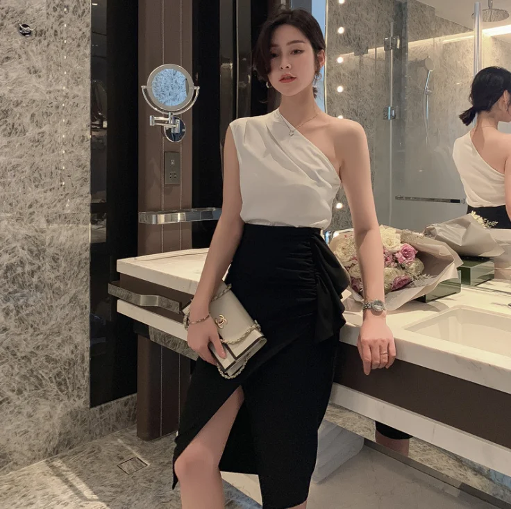 

Summer New Cocktail Dresses Sexy Women'S Diagonal Shoulder Shirt Tops High Waist Split Skirt Two-piece Suit
