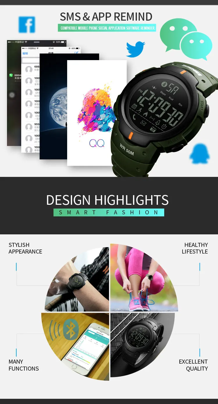 Top Fashion Skmei Bluetooth Men Sport Digital Wrist Watch Waterproof Reminder IOS Android Calorie Pedometer Fitness Smartwatch