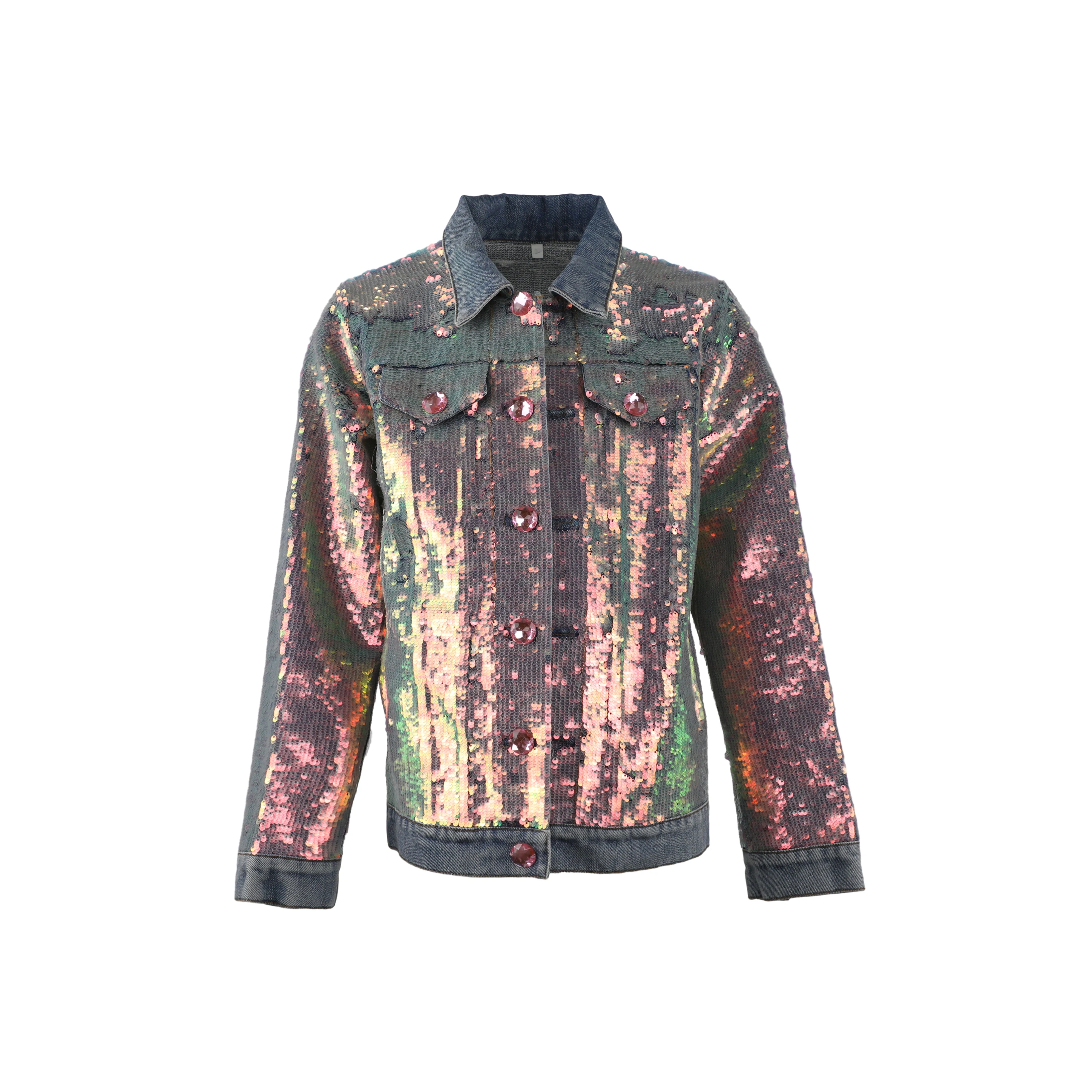 

Sequins Denim Jacket Girls Clothing Wholesale Pink Sequins Blue Denim Coat Jacket Customized