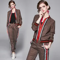 

In stock hot selling vintage printing casual jacket with long pants wholesale price spring wear two piece set women clothing