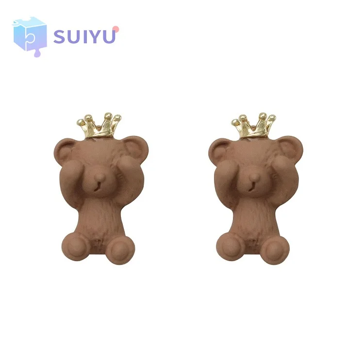 

Silver Needle Korean Style Crown Cute Brown Bear Stud Earrings Sweet Lovely Design 3D Carton Bear Earrings for Cute Girls, White, brown