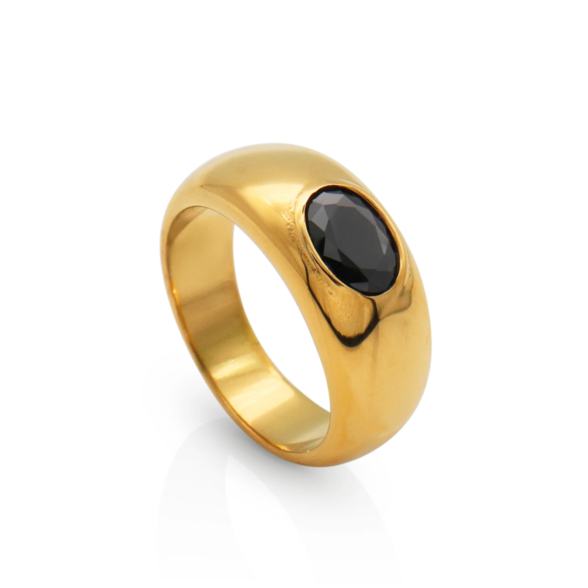 

Chris April in stock fashion jewelry PVD gold plated 316L stainless steel non-tarnish black onyx signet ring