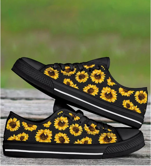 

WK-097 Casual Flat Ladies Shoes Woman Yellow Floral Brand Design Sunflower Print Classic White Vulcanize Canvas Female Shoe, Picture show