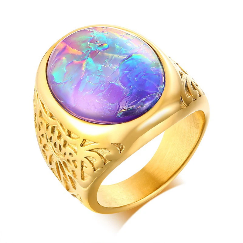 

Stainless Steel Opal Stone Ring Gold Color Men's Ring Engagement Anniversary Jewelry Size7-12