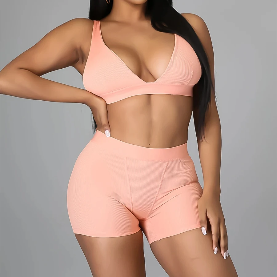 

New Trending 2021 Solid Color Summer Sets Crop Tank Top Elastic Webbing Knitting Two Piece Short Set Women Clothing