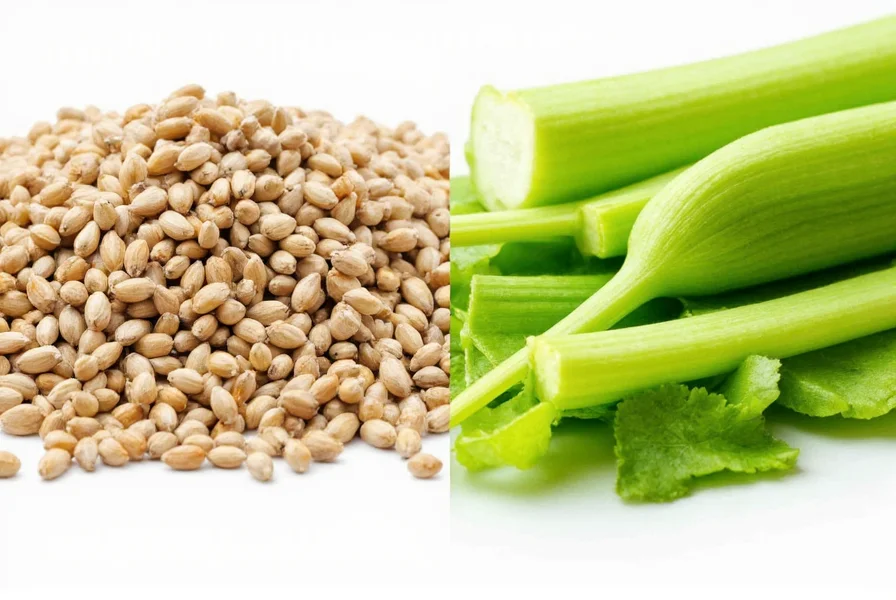 Close-up of celery seeds next to fresh celery stalks and alternative spices for substitution comparison