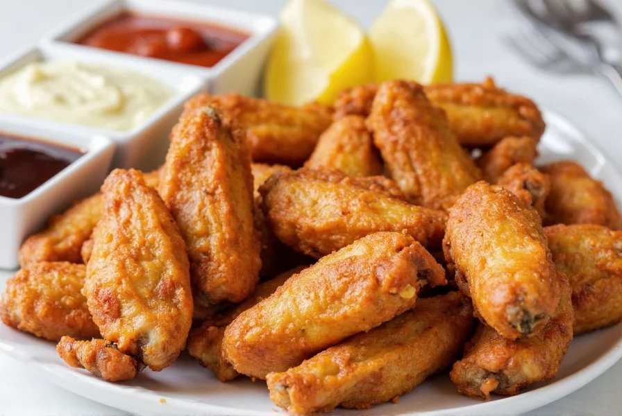 Perfectly cooked lemon pepper wings served on a platter with dipping sauces and lemon wedges