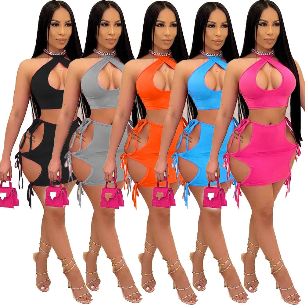 

solid color women sleeveless crop top skirt set fashion hollowed bandage women club wear bodycon halter mini skirt set, Custom choose