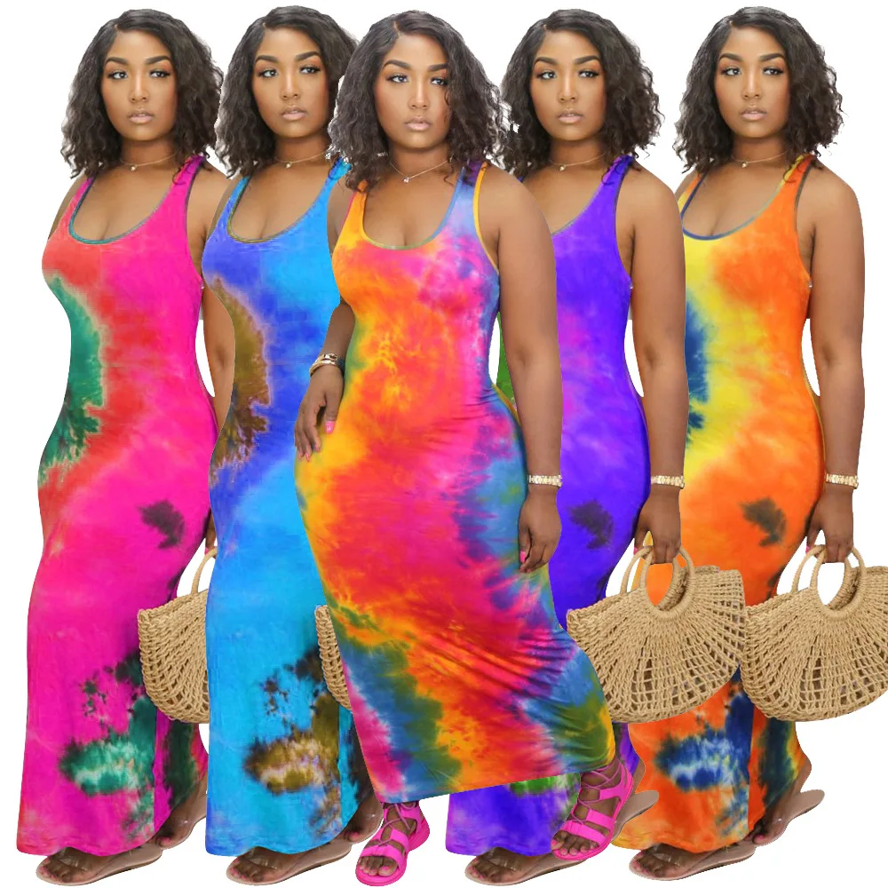 

Wholesale ladies plus size dresses casual long maxi loose tie dye dress sexy women