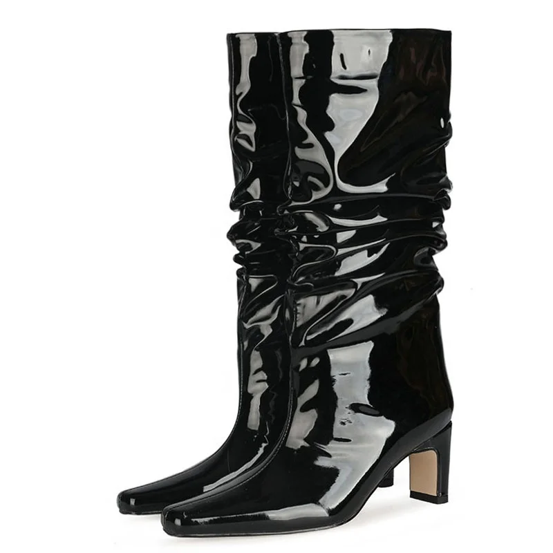 

Pleated Decorate Women Winter Half Knee High Boots Pure Color Western Style Slip-on Square Toe Chunky Heels Shoes, Black