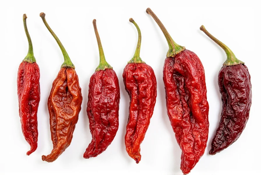 Various Mexican dried chiles arranged for comparison showing size, color, and texture differences