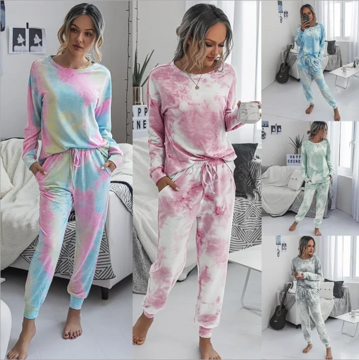 

Wholesale 2020 Autumn Piyama Night Sleeping Clothes Tie Dye Pajama Set Women 2 Piece Sleepwear