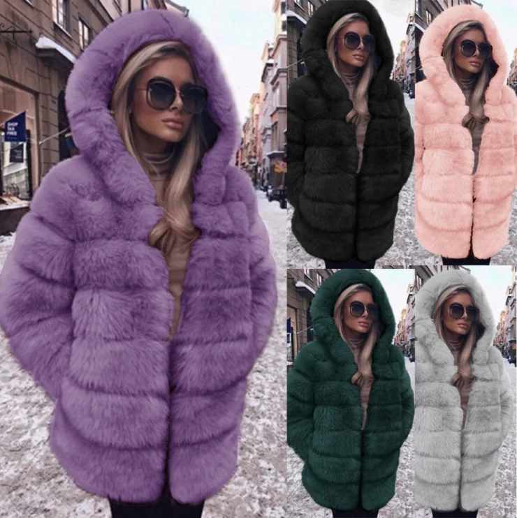 

2020 New Winter Coat Women's Artificial Fox Fur Coat Hooded Fashion Long Women's Fake Fur Coat